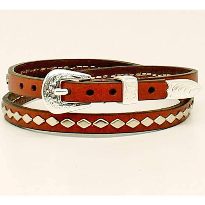 Create your own personalized hat style with this brown leather hatband. The silver diamond shaped studs run the length of the band, which gives a very classy look. This style hatband uses a belt style adjustment with a rounded silver buckle. Brown Leather color may vary. 27" x 3/8"