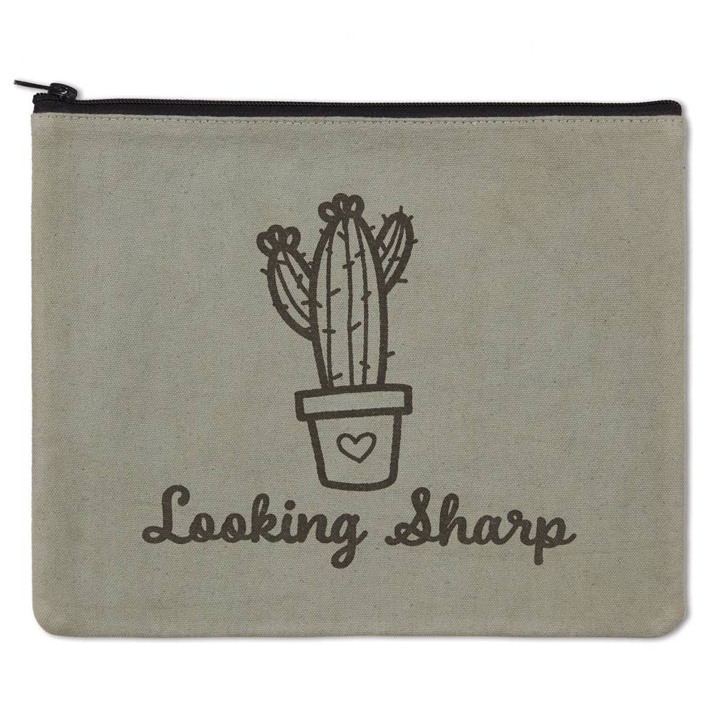 Pouch with a cactus illustration and 'Looking Sharp' text on a beige background