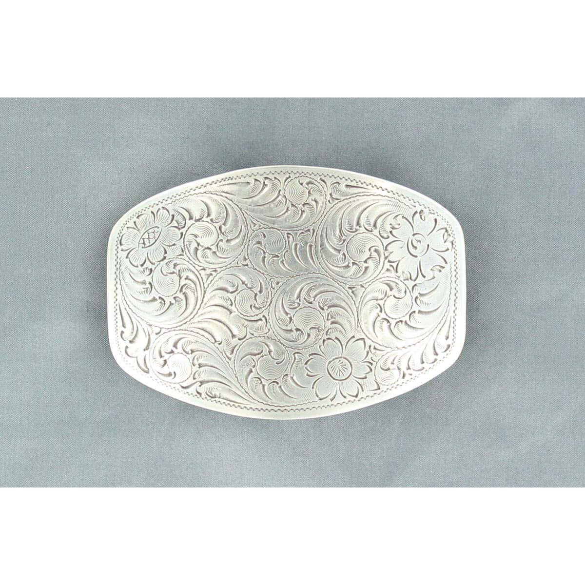 Nocona men's western buckle by features a silver floral scrolled oval shaped buckle with smooth edge. Measures: 2 3/8" X 3 3/8"