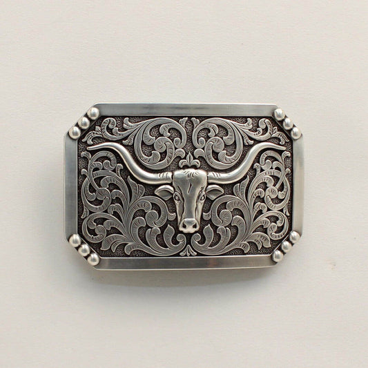 <span data-mce-fragment="1">This western belt buckle features a smooth edge with dot corners. The center has a longhorn motif with western scrolling in the background. Measures </span><span lang="EN-US" data-mce-fragment="1">3-3/4 x 2-1/2 and fits a 1-1/2" belt.</span>