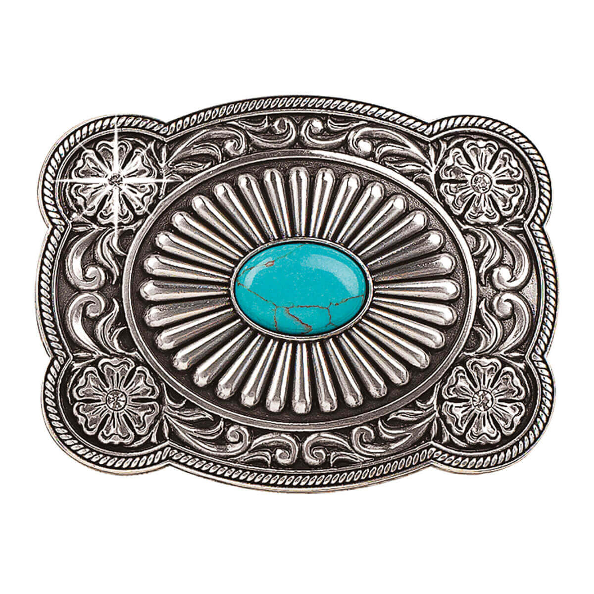 This buckle is beautiful. There is a scrolling pattern background with a fan like center design. Rope edge with turquoise center stone. 3" x 2-3/8"
