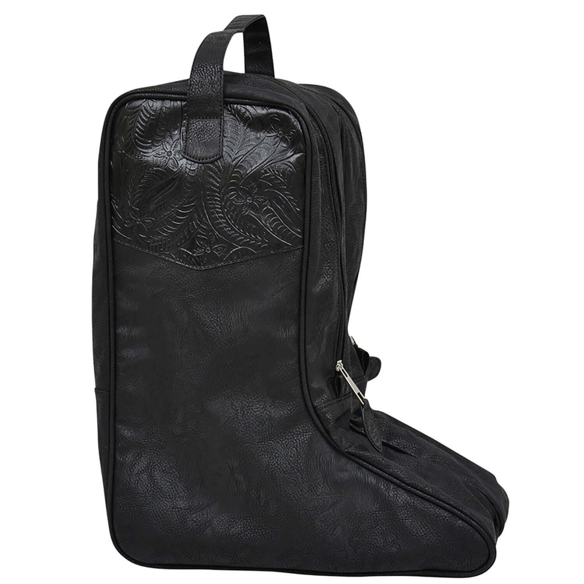 A black faux-leather shoe boot bag with an embossed floral pattern on the upper front pocket and a zippered side pocket, shown on a plain white background.