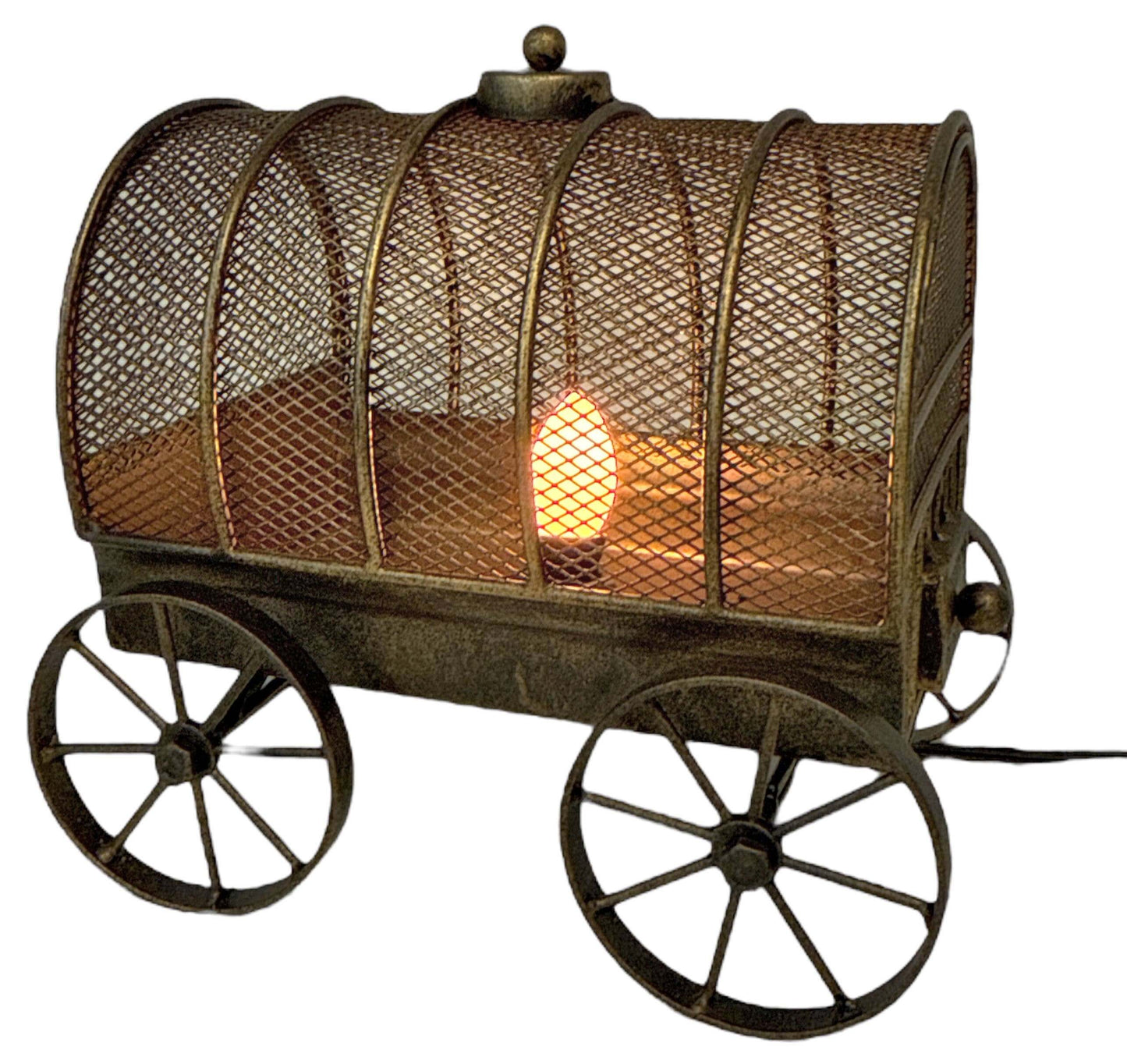 Decorative lamp shaped like a vintage wagon with a lit bulb inside.