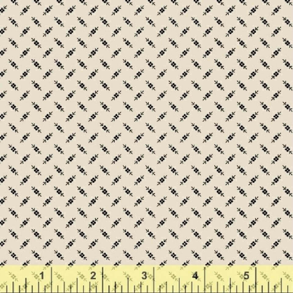 Black floral pattern fabric on beige background, ideal for vintage dress designs or quilting projects.