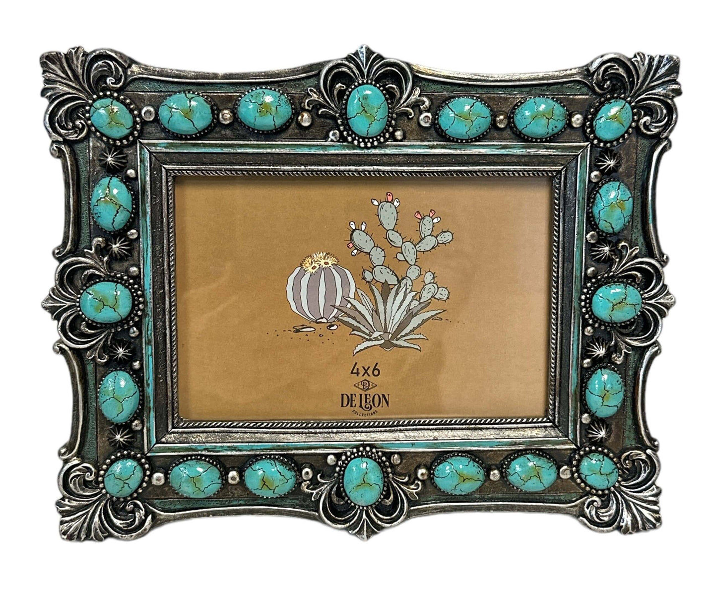 Western Ornate Scroll Turquoise Stone Picture Frame showcasing a decorative design with turquoise stones.