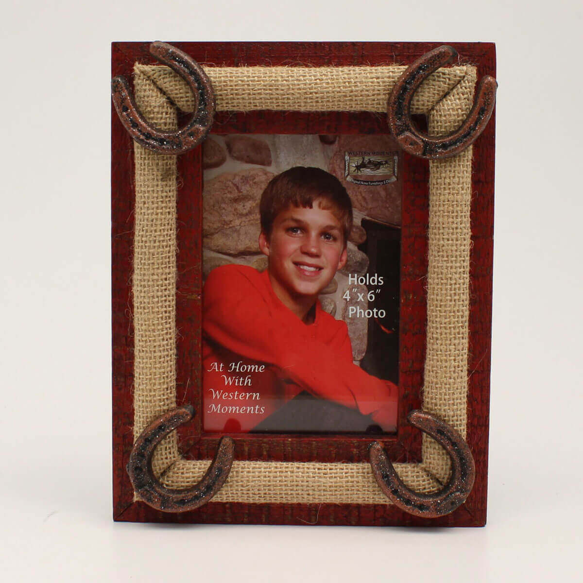 This 4x6 picture frame features burlap with iron horse shoes and red distressed wooden edges.  