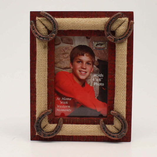 This 4x6 picture frame features burlap with iron horse shoes and red distressed wooden edges.  
