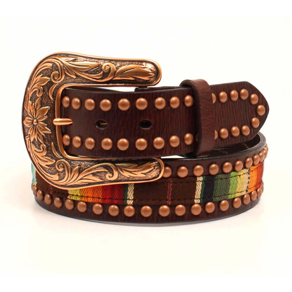 This Ariat belt features a brown embossed strap with a removable silver buckle. Nailheads around edges. This is a great western belt that will look great with your favorite jeans. Belt is 1-1/2" wide.