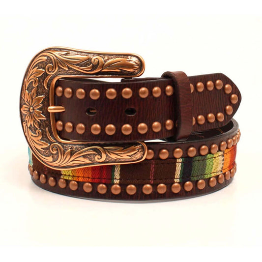 This Ariat belt features a brown embossed strap with a removable silver buckle. Nailheads around edges. This is a great western belt that will look great with your favorite jeans. Belt is 1-1/2" wide.