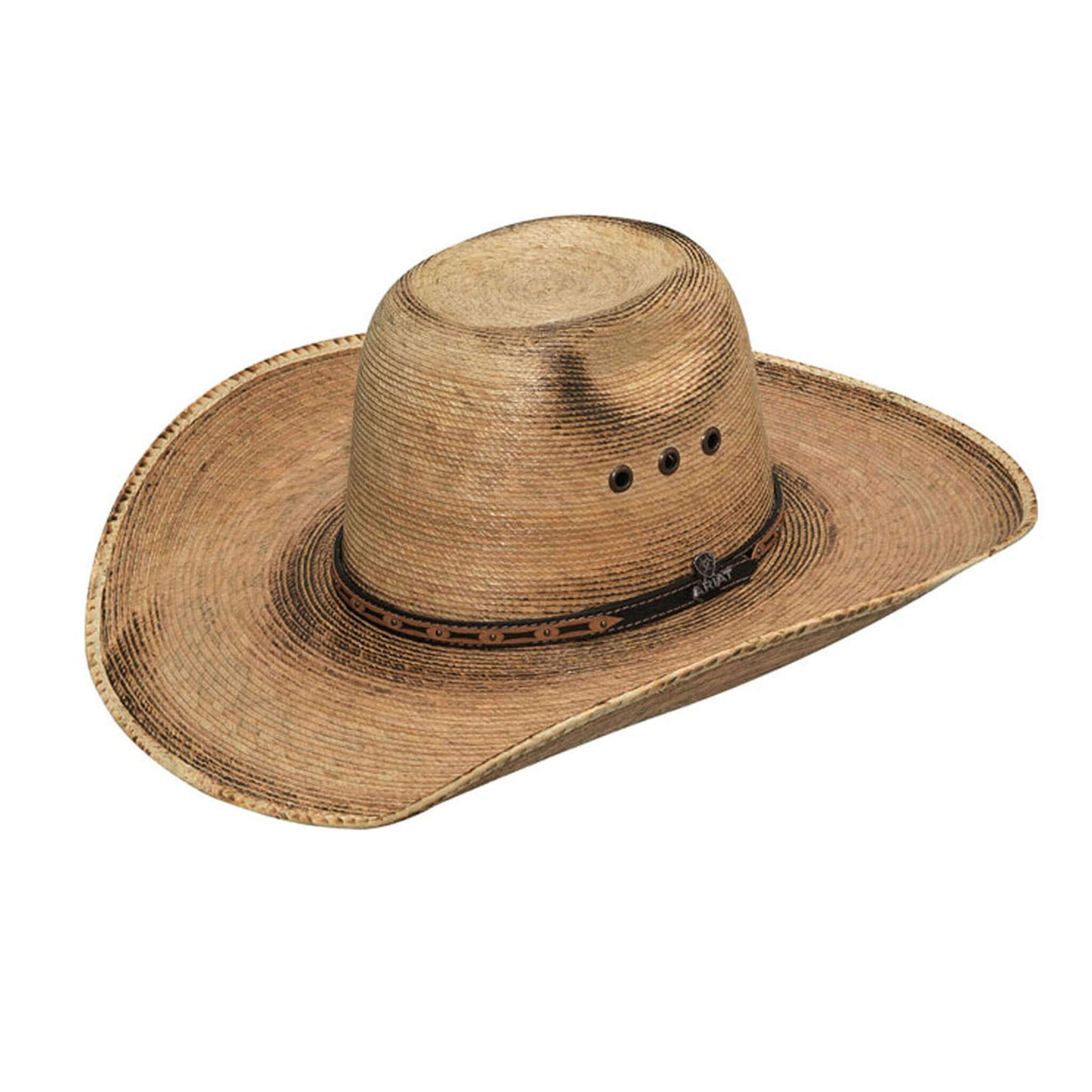 No cowboy is complete without a great hat. You will love this fired palm cowboy hat complete with a two toned leather hatband. Hatband has nail head accents and contrast stitching and copper eyelets. The unbeatable quality and durability of this hat are great for when you are dressed up or working at the barn. 