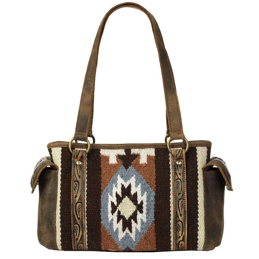 This Ariat wool blanket satchel is brown with orange, blue and ivory in a southwestern pattern. Genuine leather on back, on handles and edge tooling. Zip closure on top of back to keep your items safe. Pockets on Outside Edges, 4 Pockets on Inside. Measures: 14 x 8-1/2 x 6. Imported