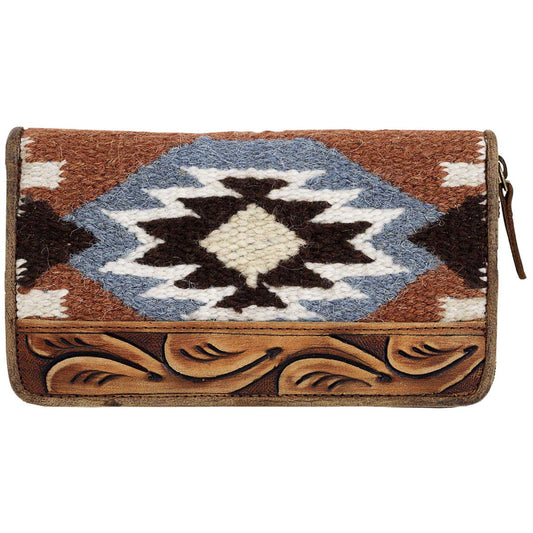 <p data-mce-fragment="1"><span data-mce-fragment="1">This Ariat wool blanket wallet is brown with orange, blue and ivory in a southwestern pattern. Genuine leather tooling. Multiple card slots and zip pocket on the inside, zip closure. Measures: 7-1/2 x 4-1/2 x 1-1/4. Imported.</span></p> <p data-mce-fragment="1"> </p>