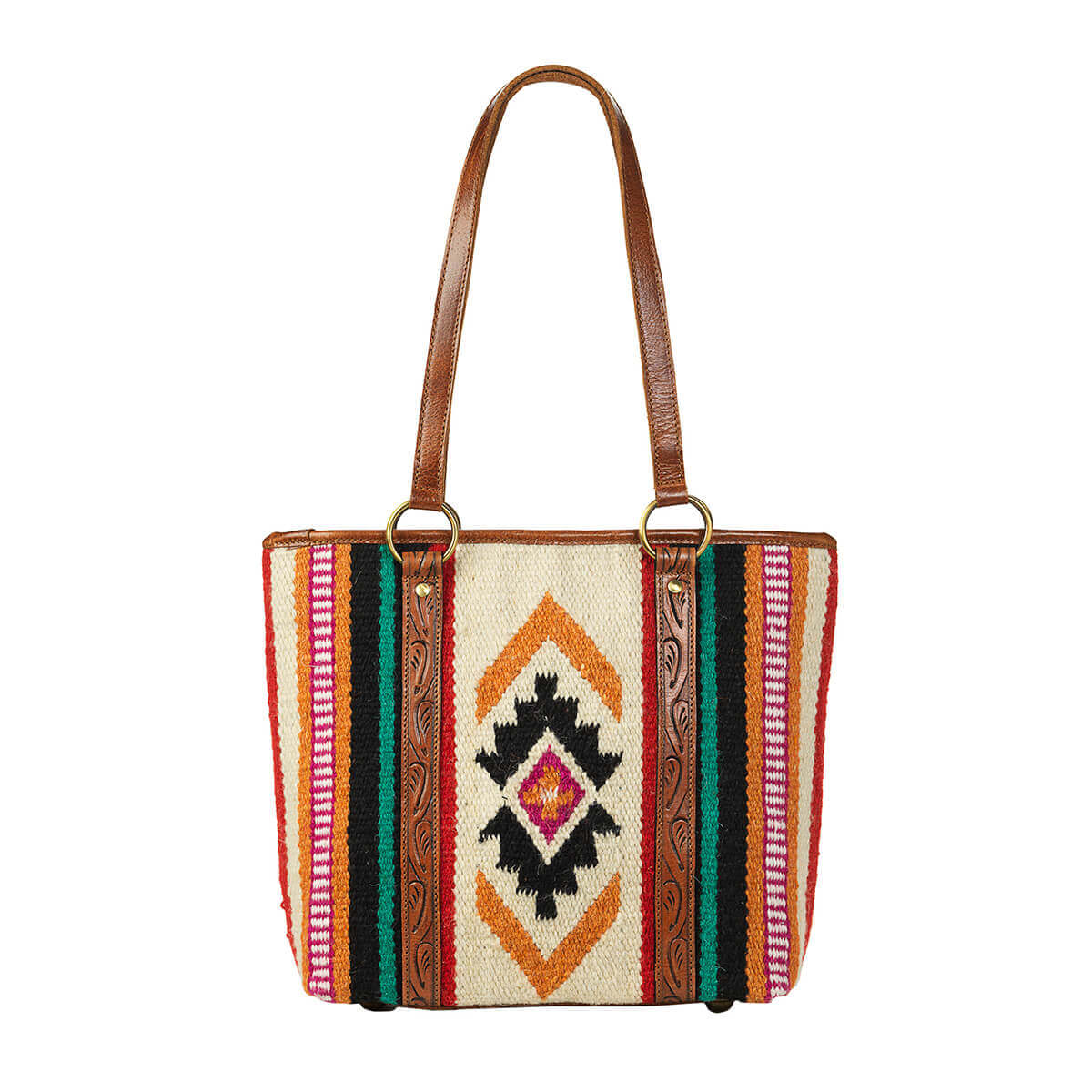 This take-everywhere tote handles your everyday essentials in style. It's got genuine leather straps, and the handwoven fabric body was inspired by a wool blanket. Snap closure to keep your belongings safe. <span style="font-size: 0.875rem;">15 inches tall, 13 inches wide, and 4 ½ inches deep. Imported.</span>