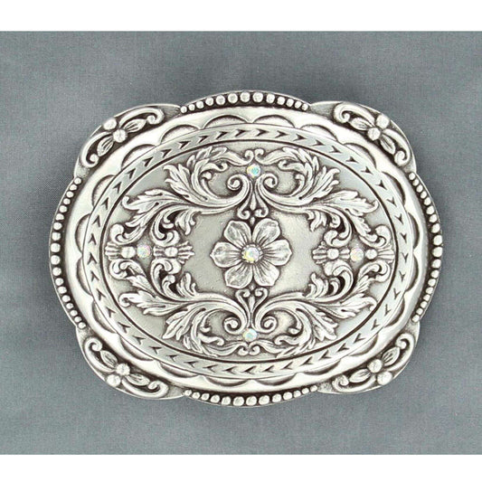 Buckle up for style with this ladies western belt buckle. This fabulous floral detailed buckle shines with crystal colors hence the name with aurora borealis. Feminine. Pretty. Measures 2-3/4" x 3-1/4"