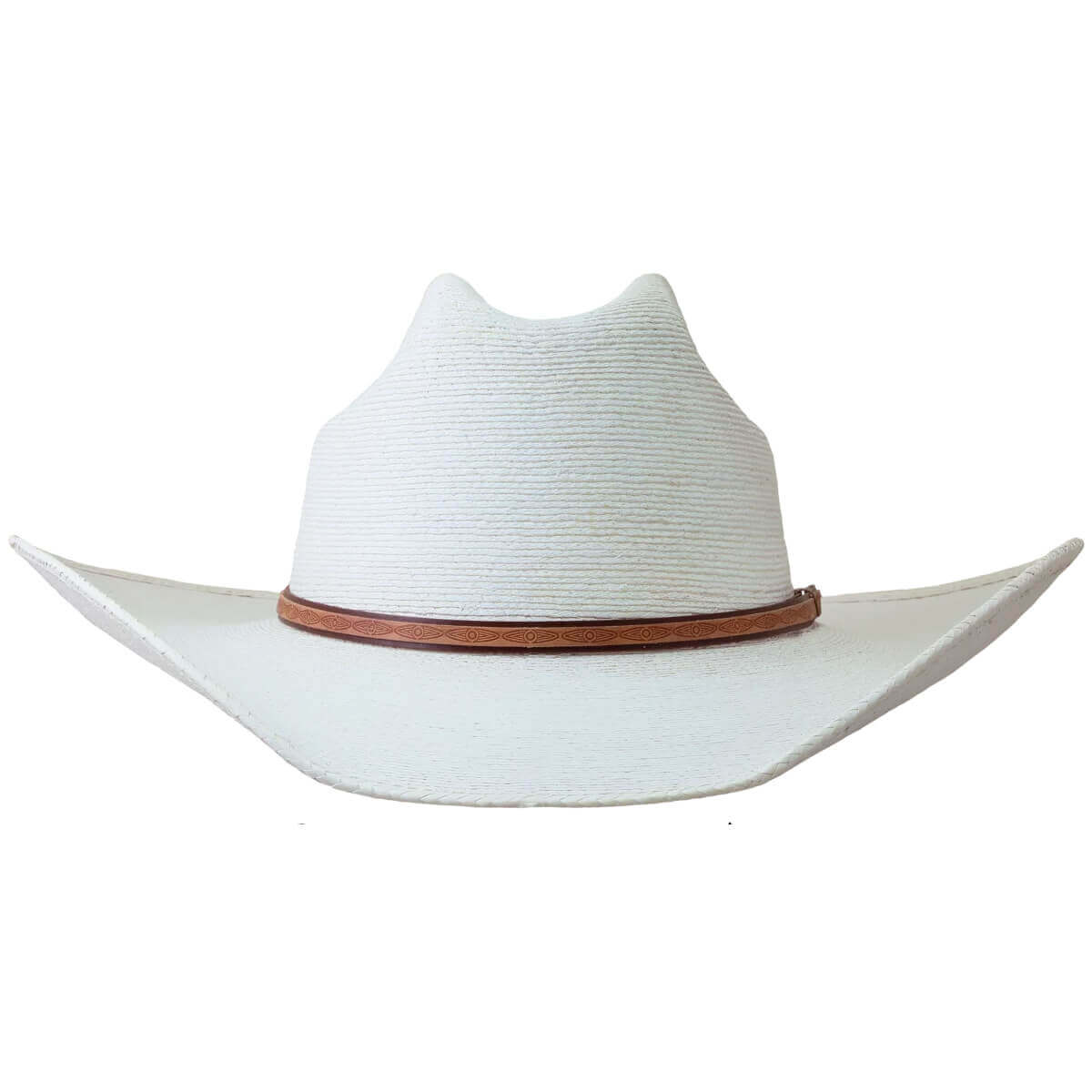 A white woven cowboy hat with a brown band around the crown, shown against a plain white background.