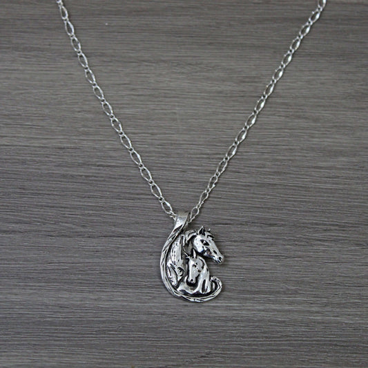 A special necklace perfect for a mother, daughter or lady in your life to show them how much they mean to you. Two horses embrace love and affection on an 18" chain. Pendant measures 1-1/4" tall by 1" wide.