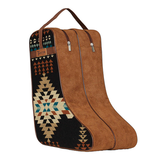 Protect your cowgirl boots in this quality boot bag. Chocolate brown nylon handles and micro-suede gussets with chocolate brown piping accent. Side panels in black, tan, brown and blue southwest arrow pattern. Nylon Handles