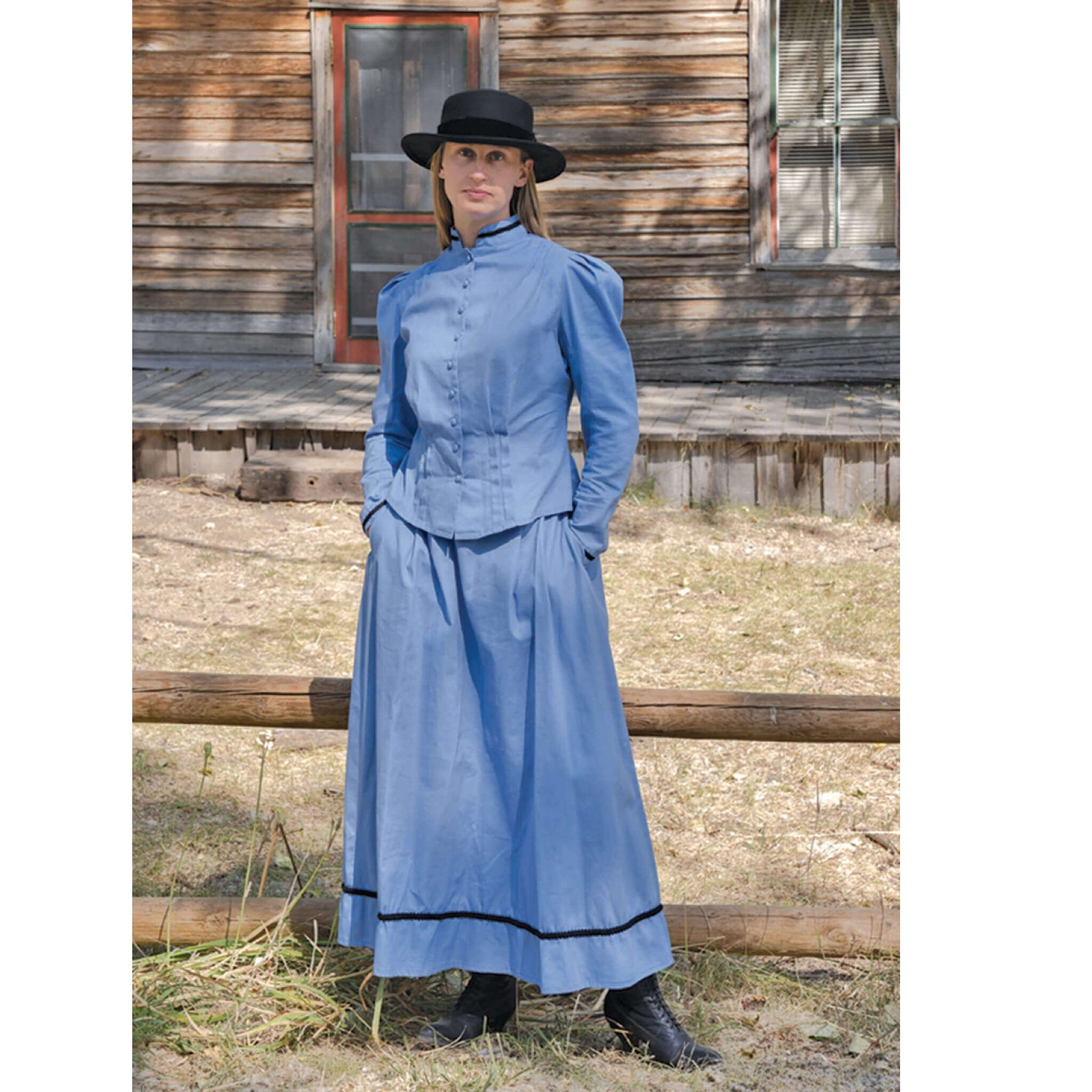 Ladies Old West Bowman Outfit in light blue with hat, inspired by Sarah Bowman's confident and fearless spirit.