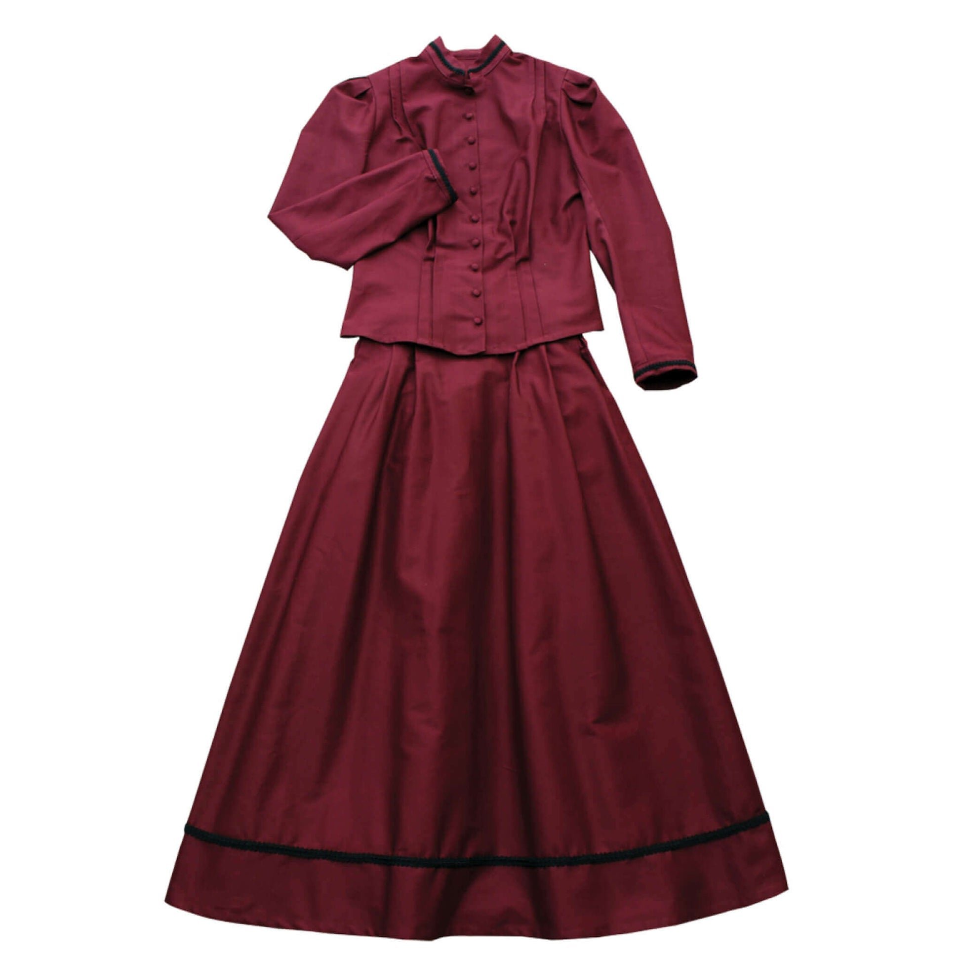 Ladies Old West Bowman Outfit in burgundy color, featuring a fitted jacket and a long skirt, inspired by Sarah Bowman's style.