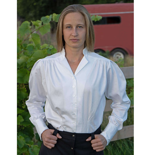 Elegant white Belle Western Victorian blouse featuring puffed sleeves and a classic collar, inspired by Lady Outlaw Belle Starr.