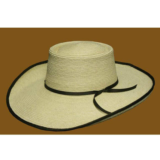 4 Inch Brim, telescoped 4-1/4 Inch crown (creased), with a bound-edge. Brim dips in front and curves up in back.  Guatemalan standard palm.