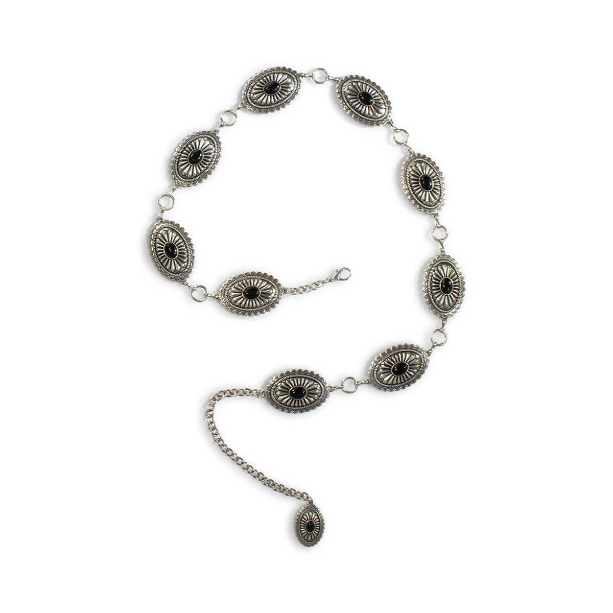 Silver concho belt with black accents on a white background