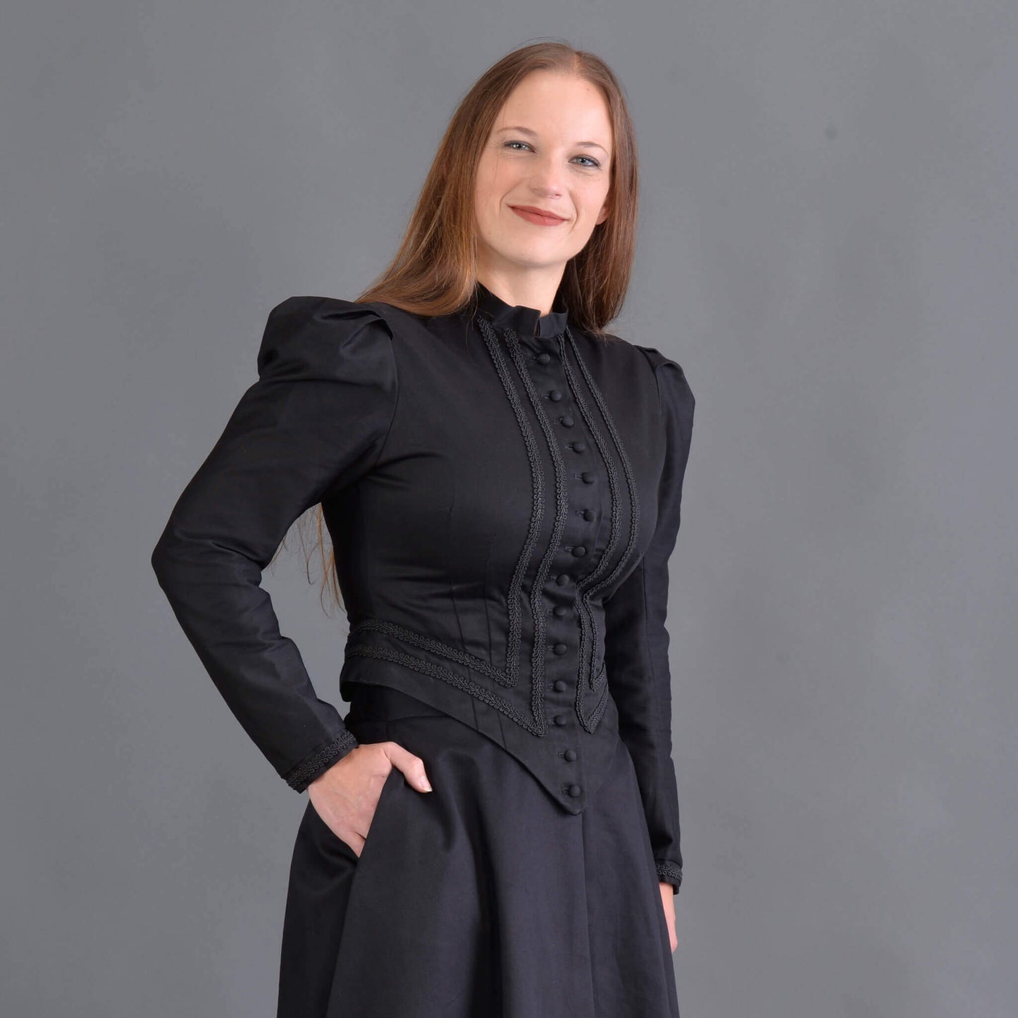 Designed for the horsewoman, this classically tailored Riding Jacket looks handsome with or without the horse. The jacket is very fitted with soutache trim and fabric covered buttons. This jacket and our riding skirt together makes a wonderful combination of tailored fit and comfort so if you ride a horse or just want to look like you do, this is the outfit.
