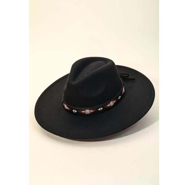 A must have trending fedora hat created with a Boho tribal pattern strap fedora hat design. A perfect gift for the upcoming season. Adjustable inner string.
