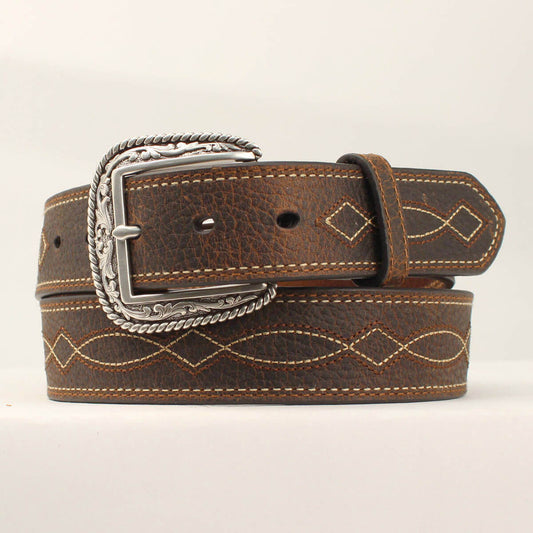 This men's Ariat belt has a rugged look, but is practical for every day wear. The brown strap has a tan boot stitch design down the center, and is complete with a silver etched buckle. This quality belt looks great and is designed for any occasion. Measures 1-1/2" wide. Removable Buckle. Imported.
