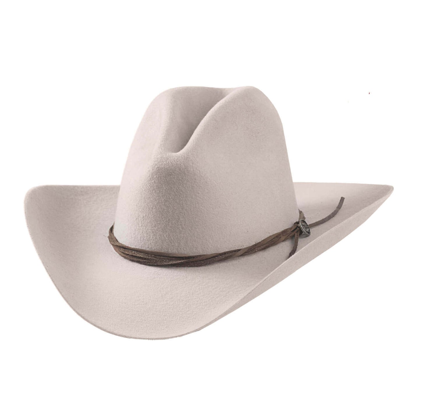 Light gray cowboy hat with a brown band on a white background