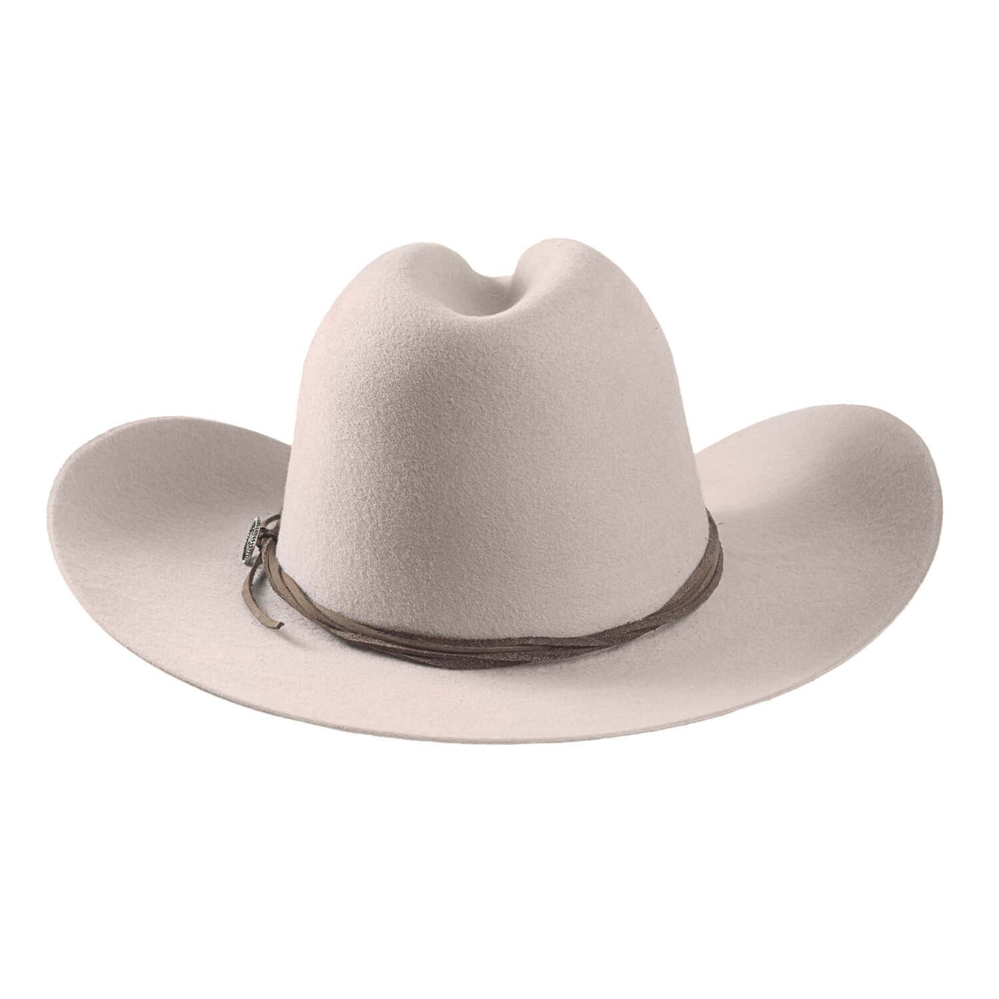 White cowboy hat with a brown band on a white background