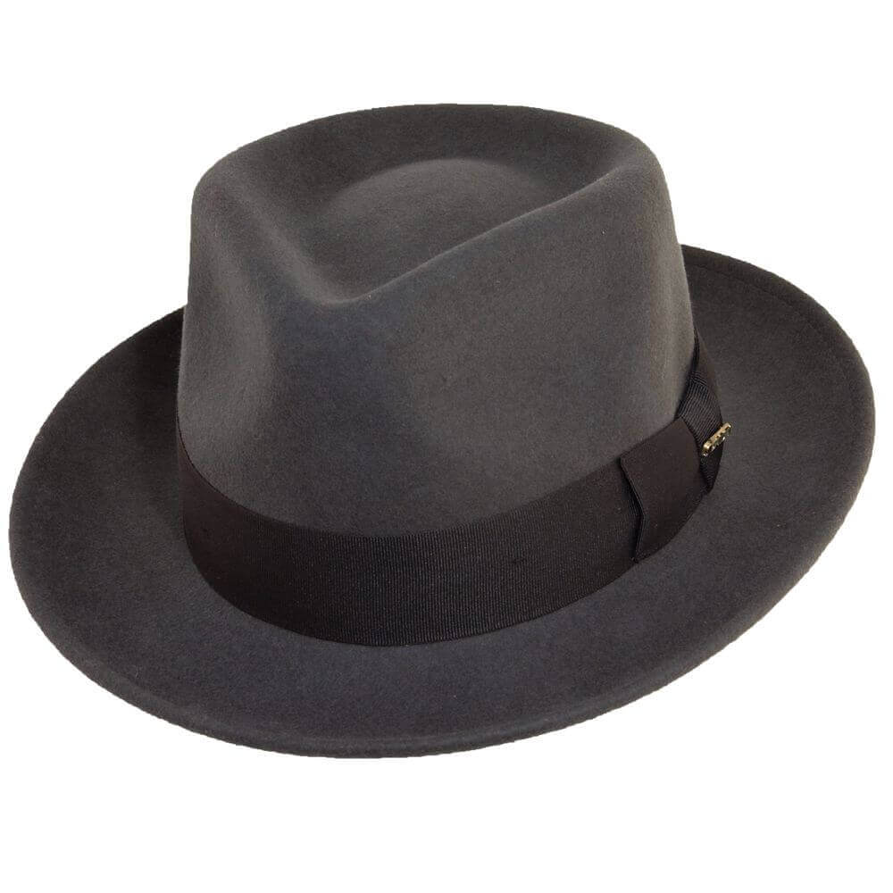 This stylish, premium soft wool fedora is adorned with a wide grosgrain hat band for classic styling. The 2-3/8" wide brim has been left raw out of the crushable water-repellent wool felt. Classic style fedora hat in three sizes; Medium (7 to 7-1/8) Large (7-1/4 to 7-3/8) X-Large (7-1/2 to 7-5/8)