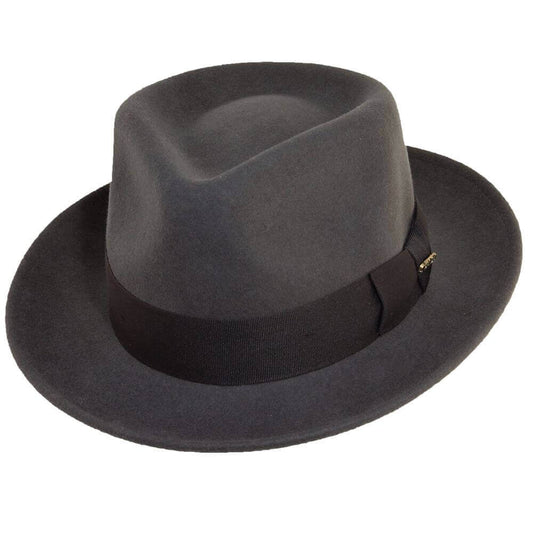 This stylish, premium soft wool fedora is adorned with a wide grosgrain hat band for classic styling. The 2-3/8" wide brim has been left raw out of the crushable water-repellent wool felt. Classic style fedora hat in three sizes; Medium (7 to 7-1/8) Large (7-1/4 to 7-3/8) X-Large (7-1/2 to 7-5/8)