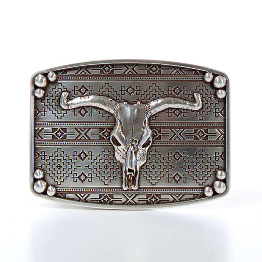 <span data-mce-fragment="1">This rectangle Nocona men's western buckle is definitely a head turner. There is an engraved pattern on the inlay of the buckle with a bull skull on top. 3 studs in each corner of the buckle to accent. Smooth edges. Southwestern flair in a modern design. Imported. Measures </span><span data-mce-fragment="1">2-1/2 x 3-1/2.</span>
