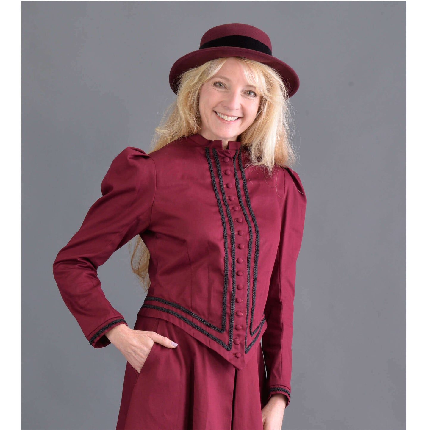 Designed for the horsewoman, this classically tailored Riding Jacket looks handsome with or without the horse. The jacket is very fitted with soutache trim and fabric covered buttons. This jacket and our riding skirt together makes a wonderful combination of tailored fit and comfort so if you ride a horse or just want to look like you do, this is the outfit.