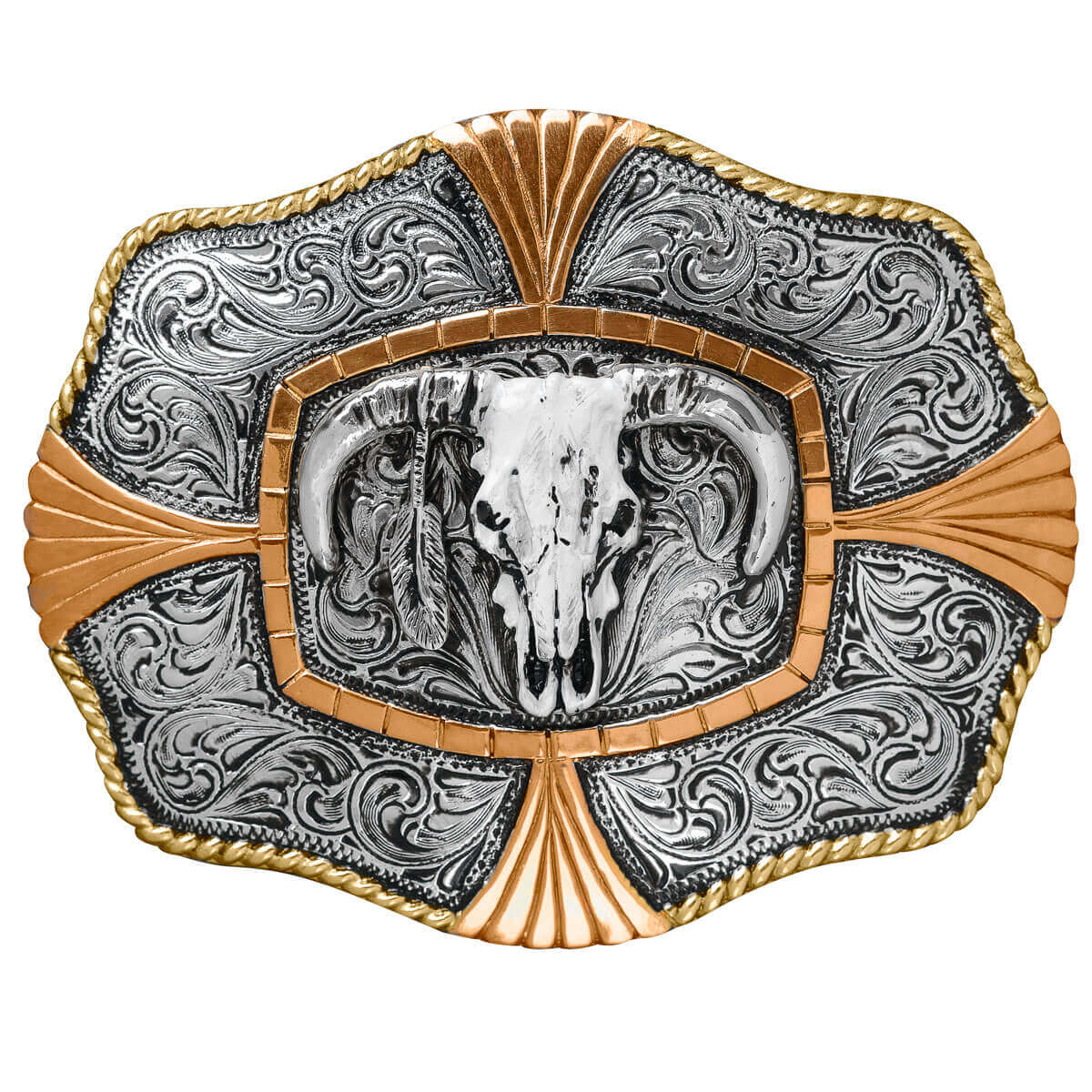 A detailed bull skull with intricate scrolling will make you love this buckle. Rope edging perfectly complements this buckle. Tuff Guard coating guarantees the finish and craftsmanship. Add a distinctive accent to your favorite belt. Measures 3-¾” x 4-¼”. 
