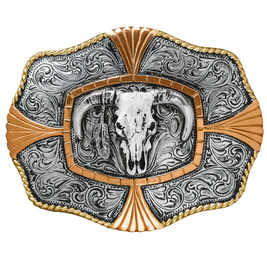 A detailed bull skull with intricate scrolling will make you love this buckle. Rope edging perfectly complements this buckle. Tuff Guard coating guarantees the finish and craftsmanship. Add a distinctive accent to your favorite belt. Measures 3-¾” x 4-¼”. 
