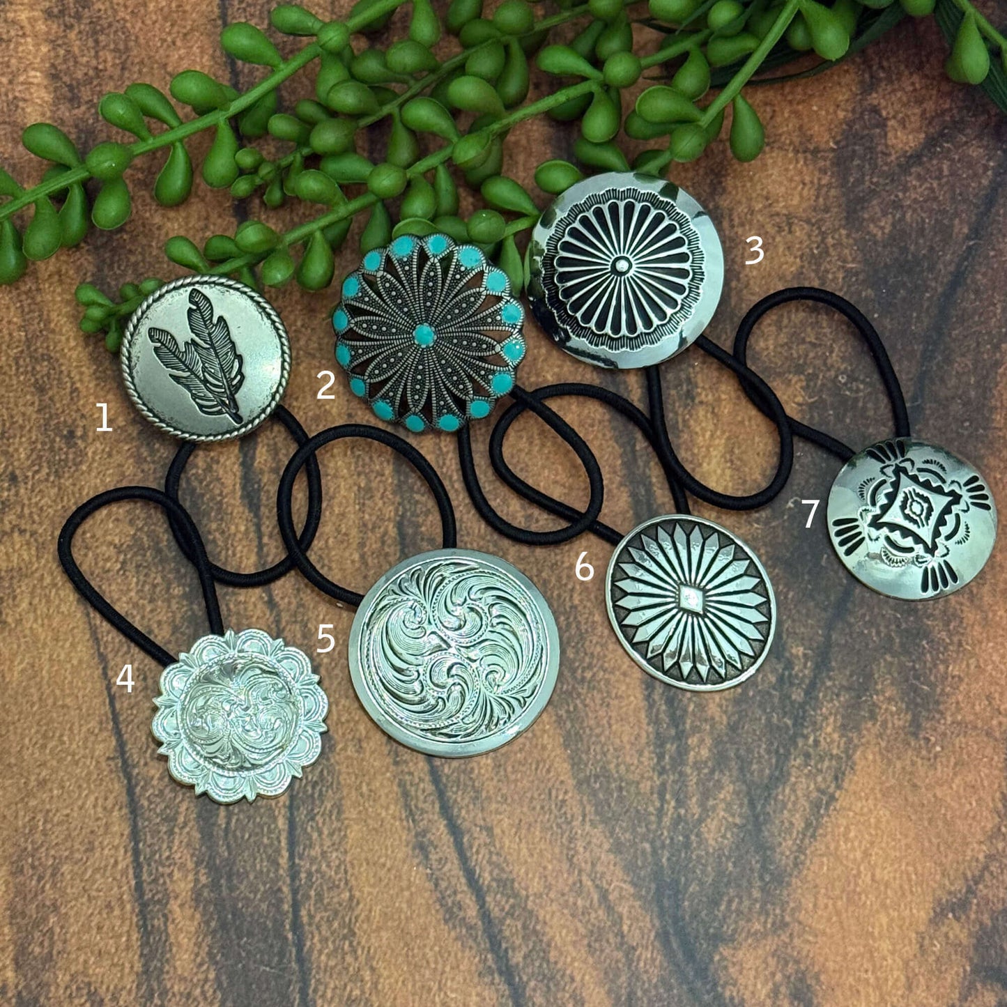Vintage German silver-plated Concho ponytail holders with elastic bands, featuring seven unique styles and designs.