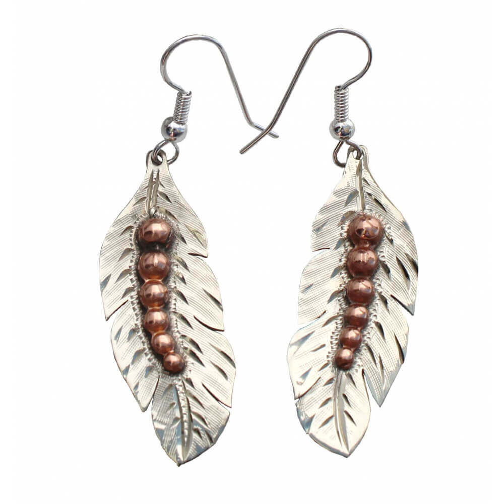 You’ll feel fabulous wearing this feather jewelry! Each piece has a bright silver with a copper finish accent along the shaft that captures and reflects the light with every turn. Made of sterling plated German silver and copper. Earrings dangle from hypo-allergenic stainless steel French hooks. (1-½” x ½”)