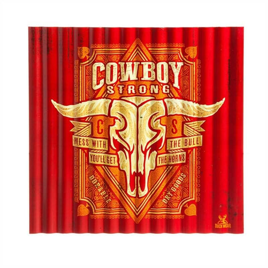 Bold and strong cowboy art made out of corrugated metal. Great for a barn, ranch, home or garage. The bright red sign reads Cowboy Strong with a skull. Measures about 15" x 15"