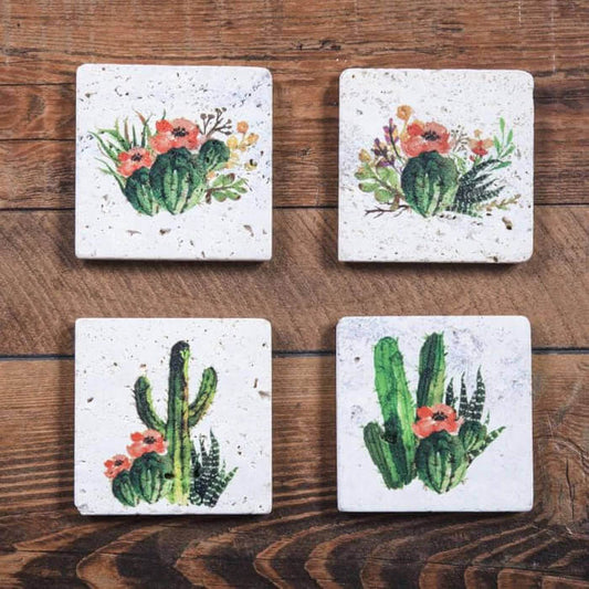 This gorgeous Cactus Blossom Coaster Set features natural travertine stone construction. Absorbent stoneware helps to protect furniture from drips and condensation. Durable cork backing helps to keep your coaster in place along with protecting your furniture from scratches. Set of 4 coasters per pack. Each coaster measures 4"x4". Made from natural travertine stone. Wipe clean. Imported. Due to the unique nature of natural stone, coasters may feature slight variations in texture and finish. Imported