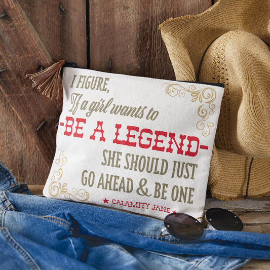 This fun positive message is a perfect gift for anyone. These makeup travel bags are great for storing your toiletries or even a tablet! This bag is made of canvas with a ticking liner and zippered closure. It also features a fun leather tassel pull. Measurement: 11''W x 9''H