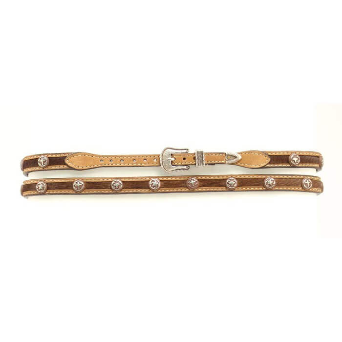Stunning brown belt-style hatband, crafted from luxurious calf hair and adorned with striking silver cross Conchos. This hatband infuses a touch of western flair into your look and personalized style. Imported 3/8" wide. Made in China.