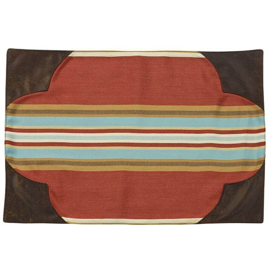 Designed for the Calhoun collection, bold red serape-inspired stripes feature prominently in addition to tan and turquoise striped fabric, mixed with rich faux leather and soft suede. Sold as a set of 4 placemats, consider combining with the Calhoun table runner, for a truly elegant dinner table.