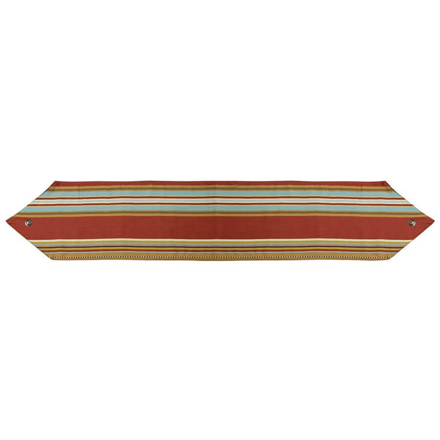 The Calhoun table runner showcases vibrant serape-inspired stripes of rich red, soft taupe, chocolate and turquoise to add color to your table. Finished at both ends to a point, silver Conchos provide the finishing touch. Consider combining with the Calhoun placemats for a truly stunning presentation. Measures 14" X 72". Dry clean recommended. Imported.