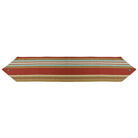 The Calhoun table runner showcases vibrant serape-inspired stripes of rich red, soft taupe, chocolate and turquoise to add color to your table. Finished at both ends to a point, silver Conchos provide the finishing touch. Consider combining with the Calhoun placemats for a truly stunning presentation. Measures 14" X 72". Dry clean recommended. Imported.