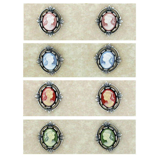 Our antique reproduction vintage style cameo jewelry gives you a real heirloom look and feel at a great price! These faux cameo earrings are set in an antiqued natural brass flower frame. The earring posts are surgical steel/hypo-allergenic. (These earrings do not drop and hug the ear lobe.) Made in USA. Measure 1/2" wide by 3/4" long.