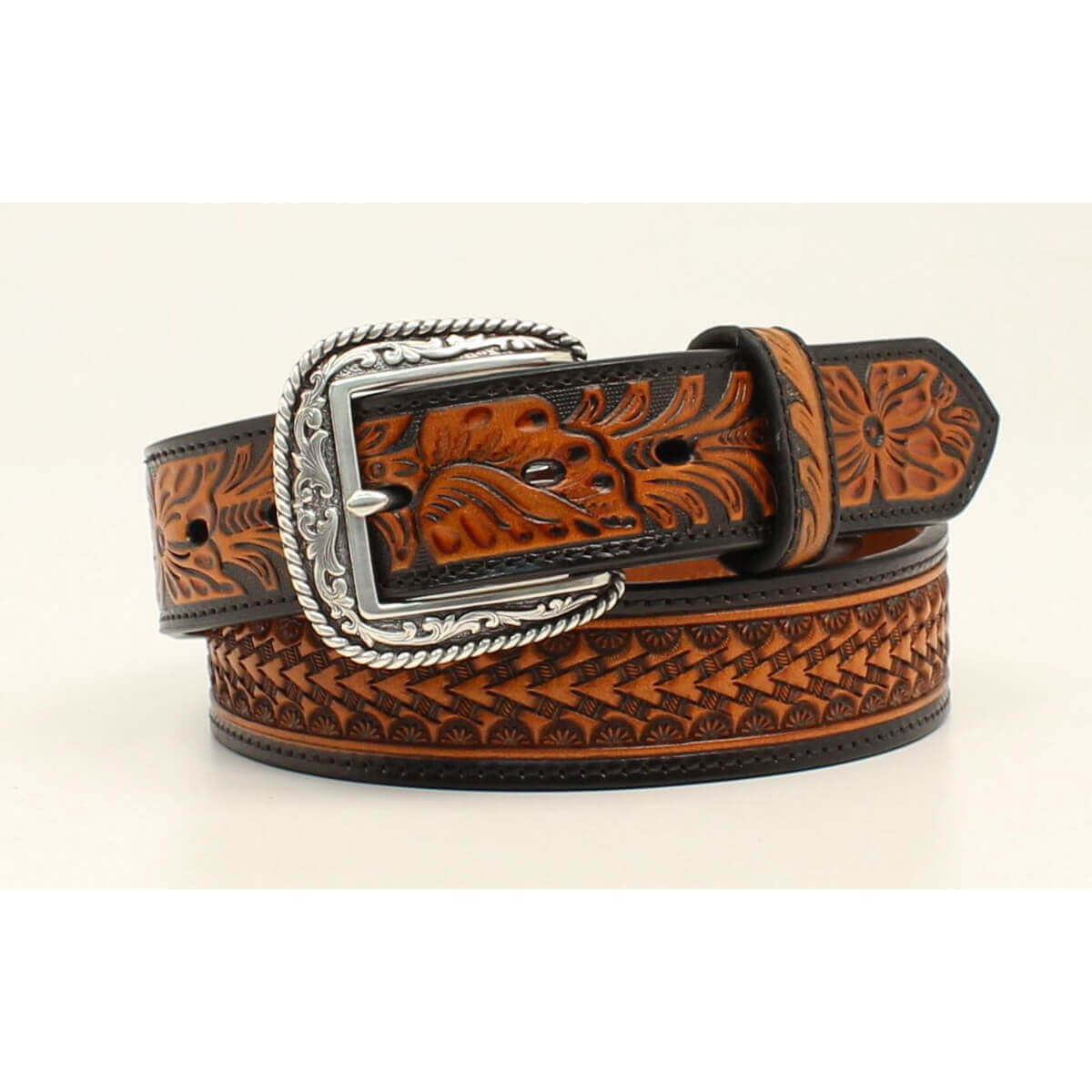 This leather Ariat belt features an eye catching embossed pattern accentuated with floral embossed tabs.   Available in sizes 32-46. Imported.