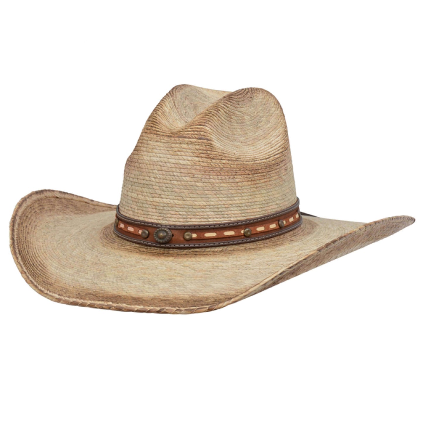 Keep the sun off with rustic western style when you wear this Burnished Palm cowboy hat. This Carson hat features a 5 inch Wind crown, a 4 1/4 inch brim, a laced hatband with decortative conchos and a fabric comfort sweat band. Palm hats are designed to be worn wet. Just wet your hat before you go out for the day & it will keep your head cool. Dip in a creek, trough or any water source mid day to refresh its cooling effect. The hat will maintain its basic shape.