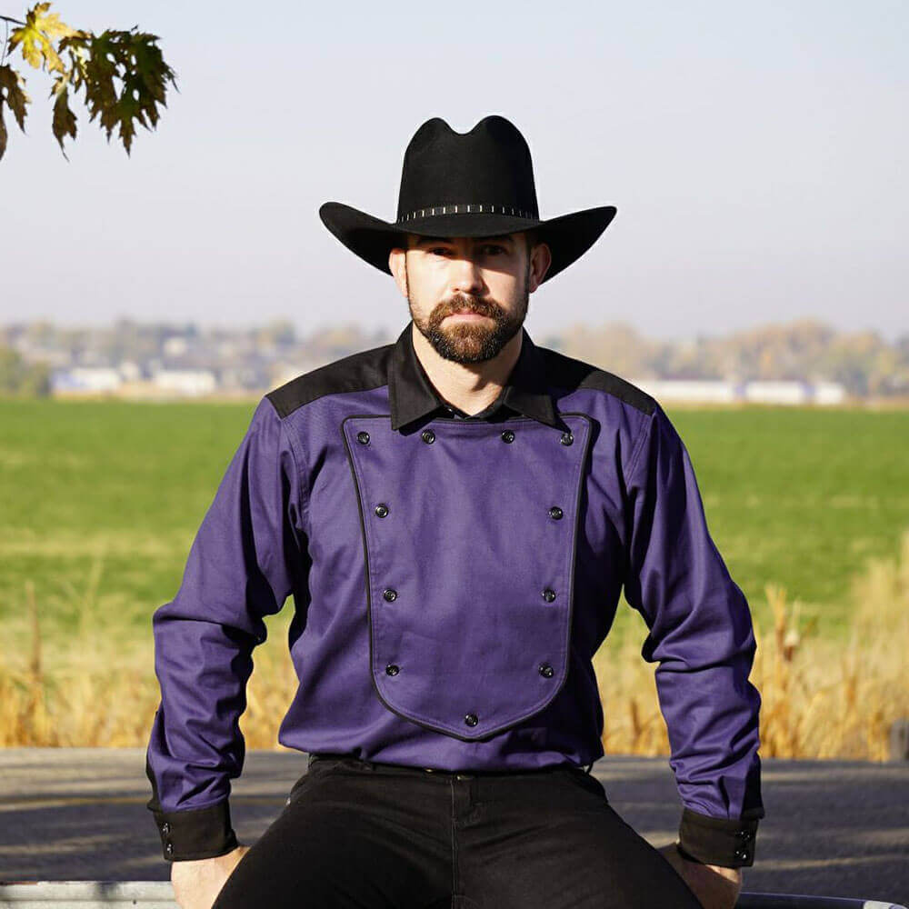 This classic design is a handsome fit in a pull over style with a removable button-on cavalry bib. This authentic Old-West shirt is made in a durable Cotton Twill with contrasting black yoke, collar and cuffs. With this shirt you are sure to grab attention! Made in USA.